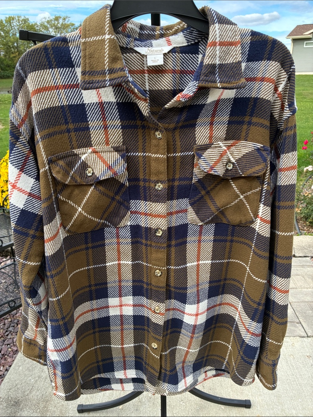Natural Reflections Olive, Flannel Navy and Cream Plaid Button-Down Shirt L